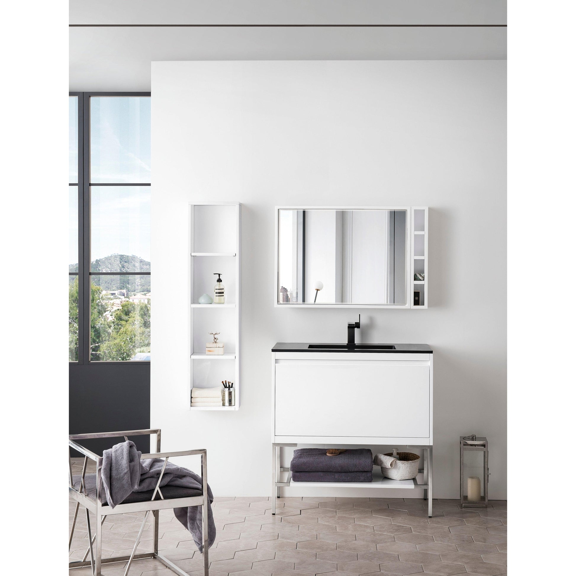 James Martin Vanities Milan 35.4" Glossy White, Brushed Nickel Single Vanity Cabinet With Charcoal Black Composite Top