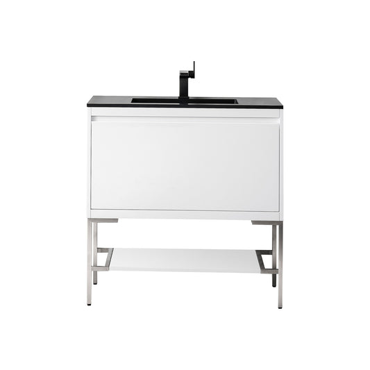 James Martin Vanities Milan 35.4" Glossy White, Brushed Nickel Single Vanity Cabinet With Charcoal Black Composite Top