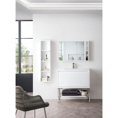 James Martin Vanities Milan 35.4" Glossy White, Brushed Nickel Single Vanity Cabinet With Glossy White Composite Top