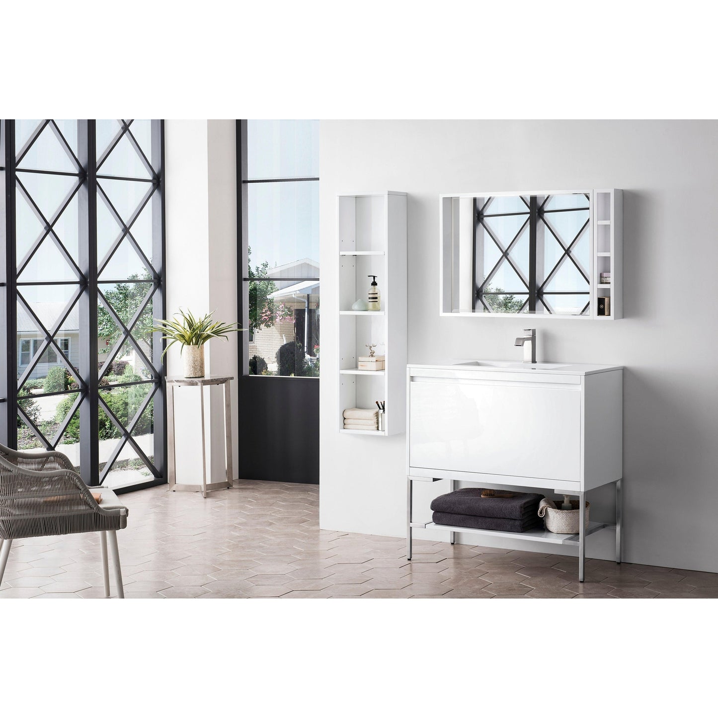 James Martin Vanities Milan 35.4" Glossy White, Brushed Nickel Single Vanity Cabinet With Glossy White Composite Top