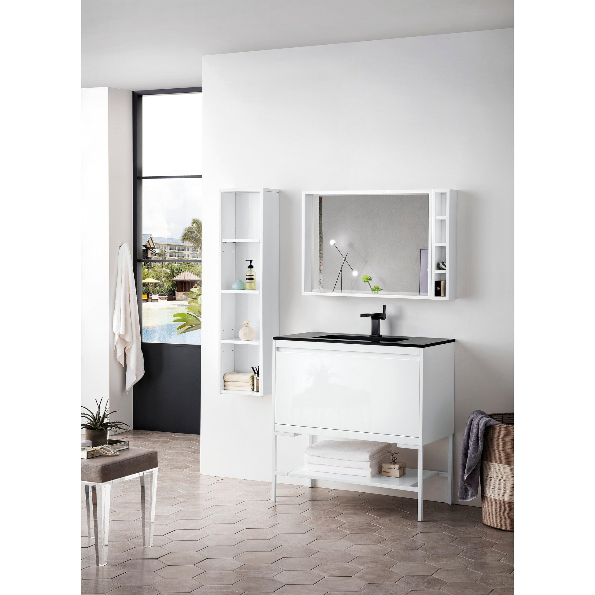 James Martin Vanities Milan 35.4" Glossy White, Glossy White Single Vanity Cabinet With Charcoal Black Composite Top