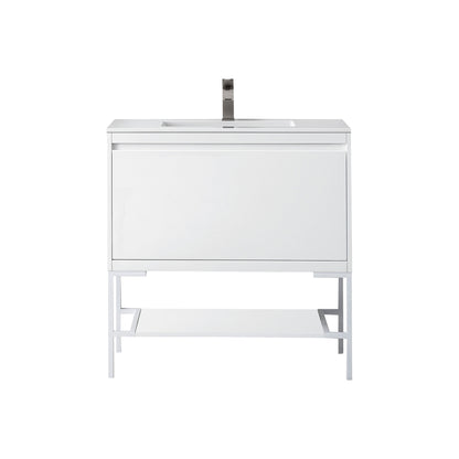 James Martin Vanities Milan 35.4" Glossy White, Glossy White Single Vanity Cabinet With Glossy White Composite Top