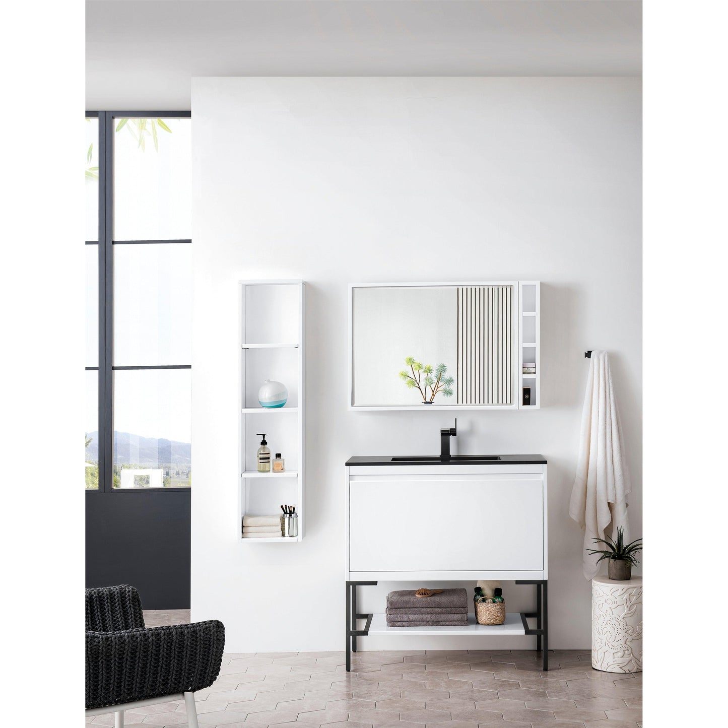 James Martin Vanities Milan 35.4" Glossy White, Matte Black Single Vanity Cabinet With Charcoal Black Composite Top