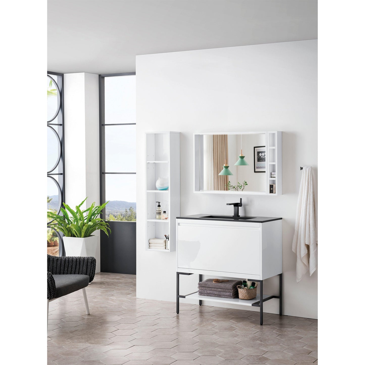 James Martin Vanities Milan 35.4" Glossy White, Matte Black Single Vanity Cabinet With Charcoal Black Composite Top