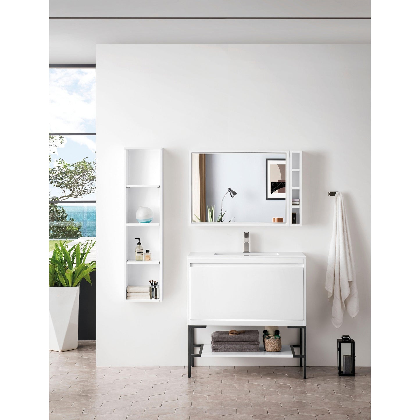 James Martin Vanities Milan 35.4" Glossy White, Matte Black Single Vanity Cabinet With Glossy White Composite Top