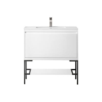 James Martin Vanities Milan 35.4" Glossy White, Matte Black Single Vanity Cabinet With Glossy White Composite Top