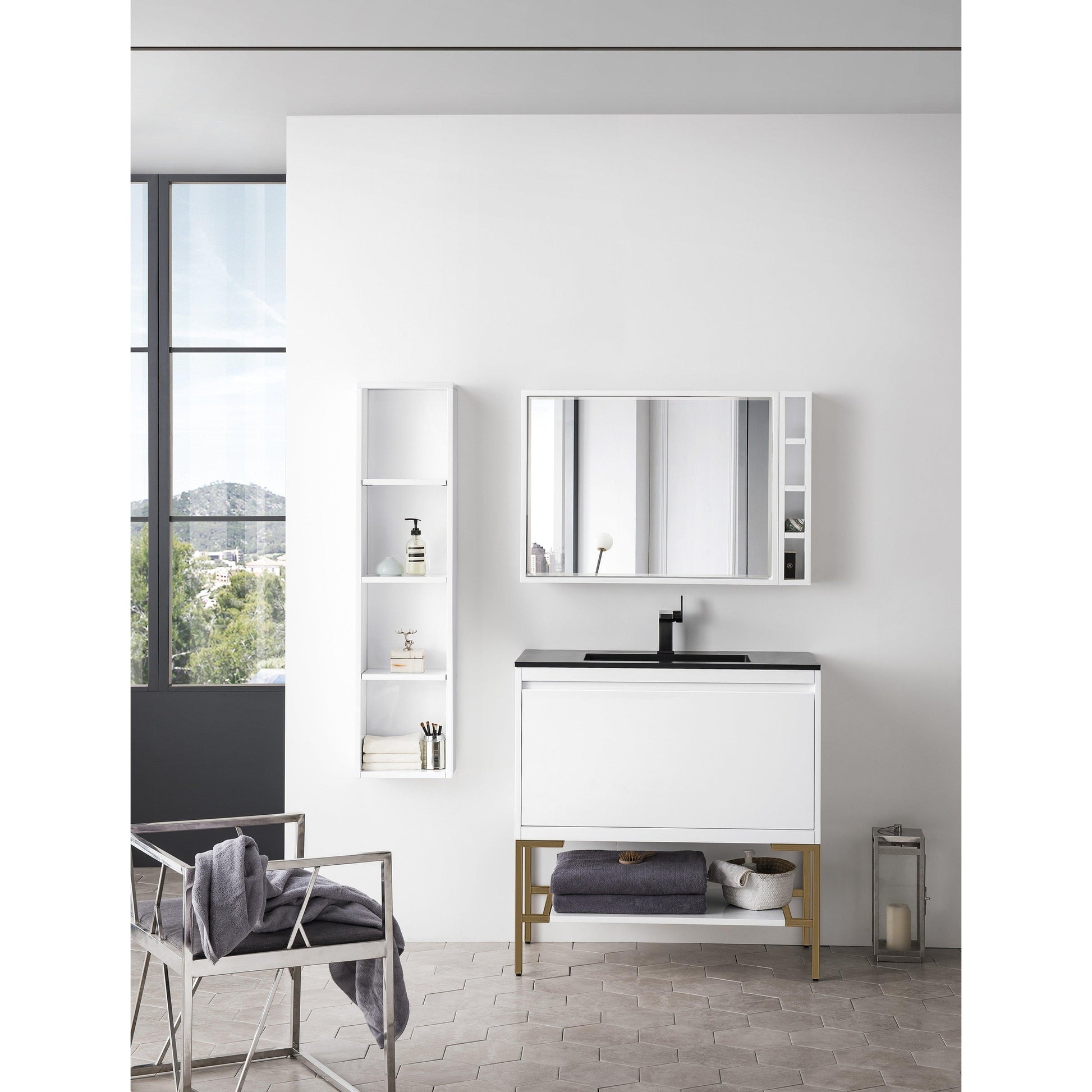 James Martin Vanities Milan 35.4" Glossy White, Radiant Gold Single Vanity Cabinet With Charcoal Black Composite Top