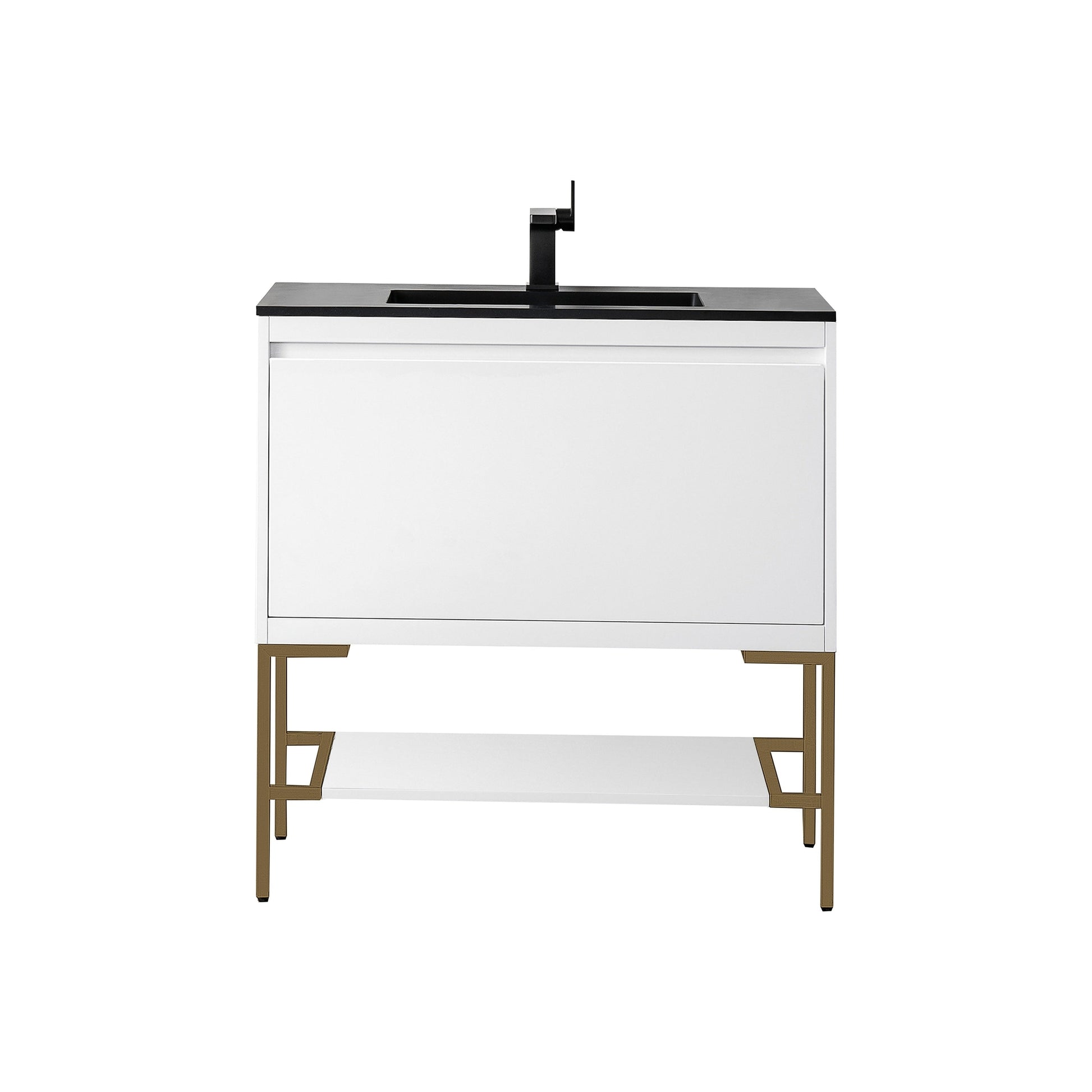 James Martin Vanities Milan 35.4" Glossy White, Radiant Gold Single Vanity Cabinet With Charcoal Black Composite Top