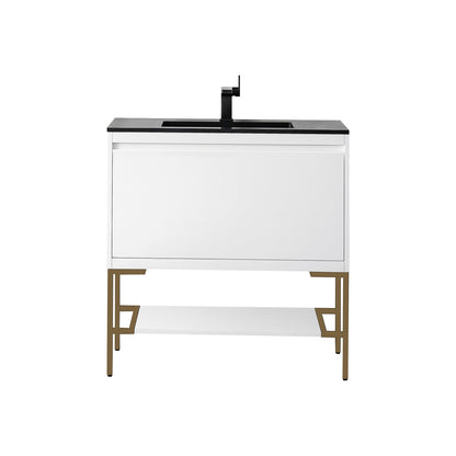 James Martin Vanities Milan 35.4" Glossy White, Radiant Gold Single Vanity Cabinet With Charcoal Black Composite Top