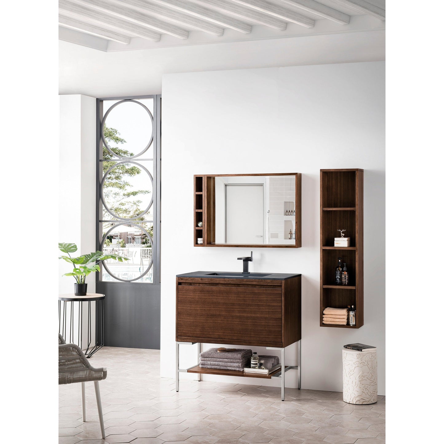 James Martin Vanities Milan 35.4" Mid Century Walnut, Brushed Nickel Single Vanity Cabinet With Charcoal Black Composite Top