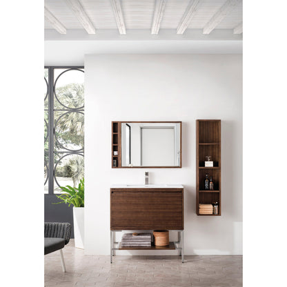 James Martin Vanities Milan 35.4" Mid Century Walnut, Brushed Nickel Single Vanity Cabinet With Glossy White Composite Top