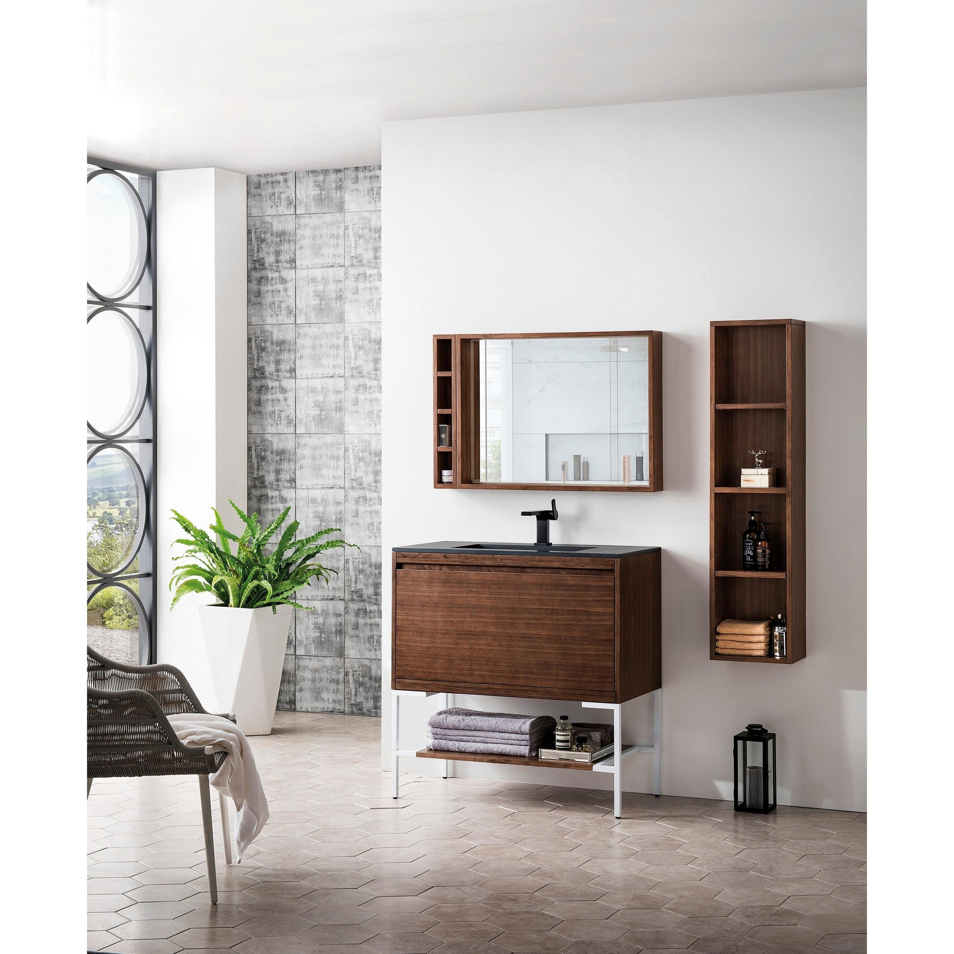 James Martin Vanities Milan 35.4" Mid Century Walnut, Glossy White Single Vanity Cabinet With Charcoal Black Composite Top