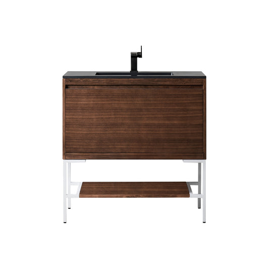 James Martin Vanities Milan 35.4" Mid Century Walnut, Glossy White Single Vanity Cabinet With Charcoal Black Composite Top