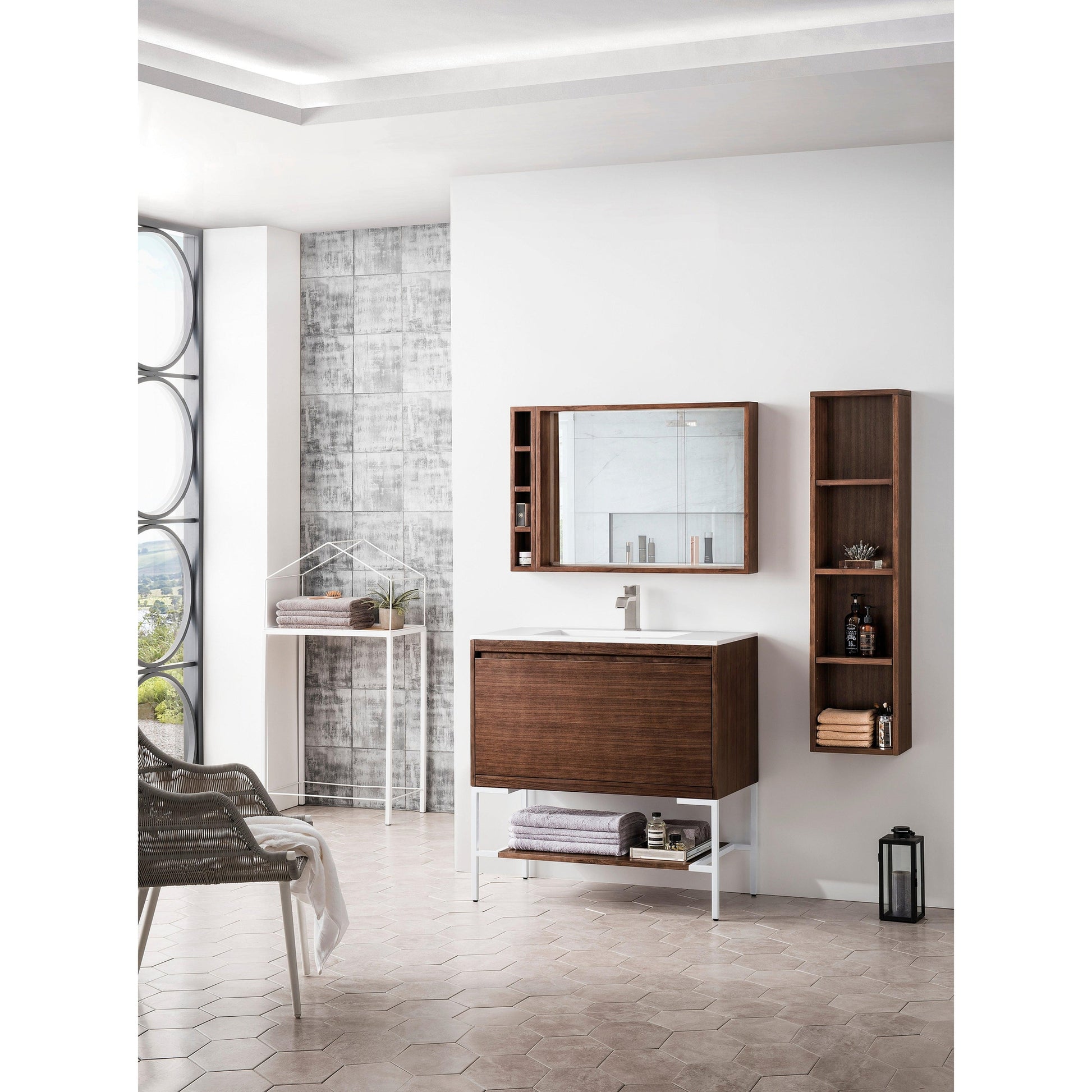 James Martin Vanities Milan 35.4" Mid Century Walnut, Glossy White Single Vanity Cabinet With Glossy White Composite Top