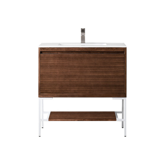 James Martin Vanities Milan 35.4" Mid Century Walnut, Glossy White Single Vanity Cabinet With Glossy White Composite Top