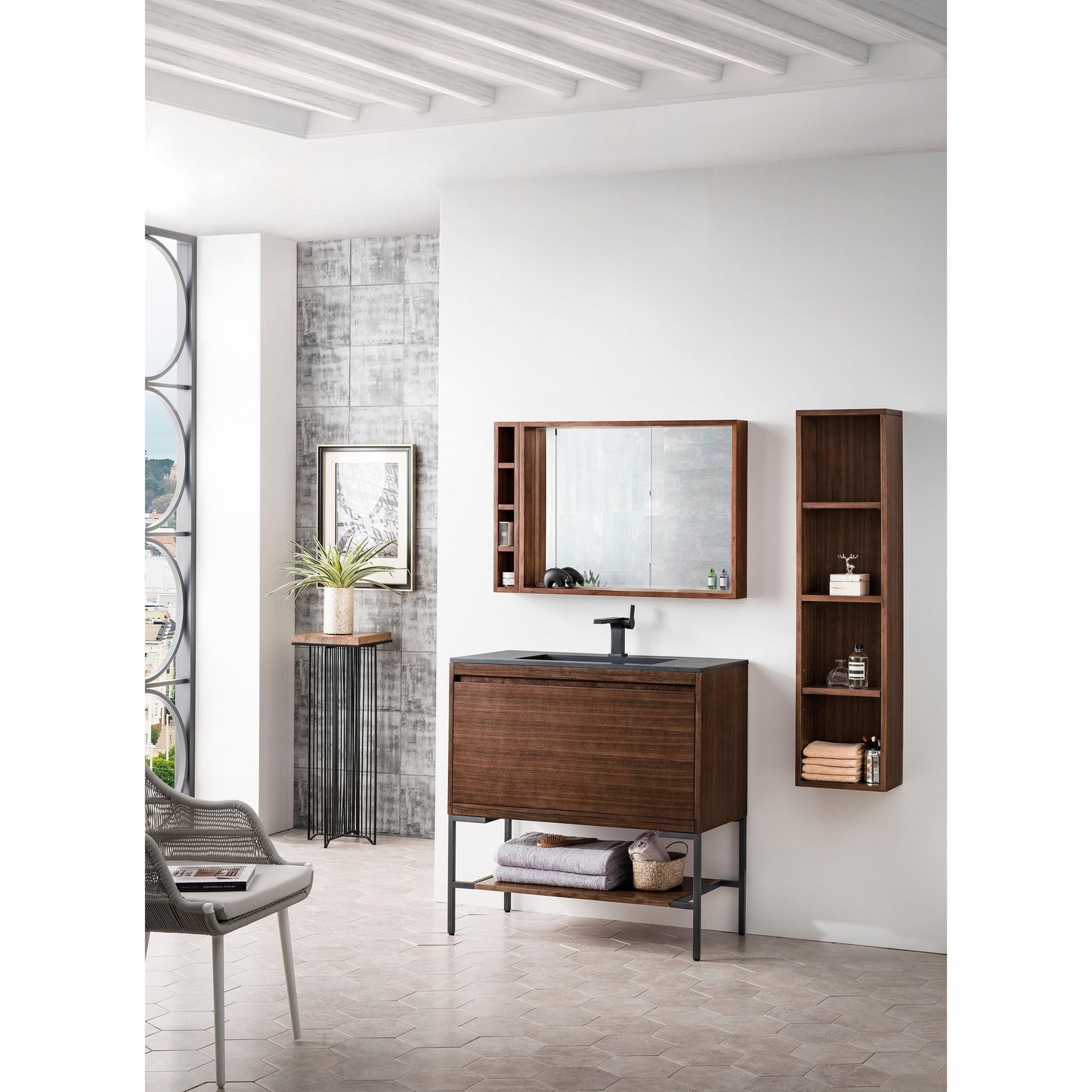 James Martin Vanities Milan 35.4" Mid Century Walnut, Matte Black Single Vanity Cabinet With Charcoal Black Composite Top