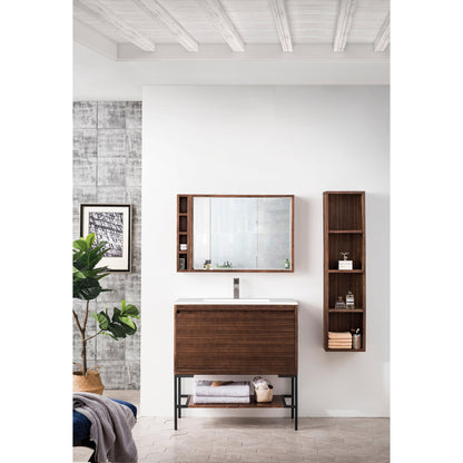 James Martin Vanities Milan 35.4" Mid Century Walnut, Matte Black Single Vanity Cabinet With Glossy White Composite Top