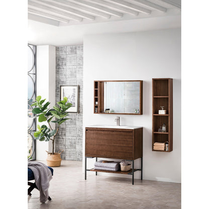 James Martin Vanities Milan 35.4" Mid Century Walnut, Matte Black Single Vanity Cabinet With Glossy White Composite Top