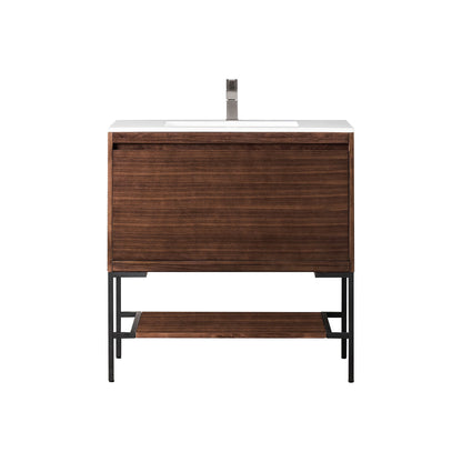 James Martin Vanities Milan 35.4" Mid Century Walnut, Matte Black Single Vanity Cabinet With Glossy White Composite Top