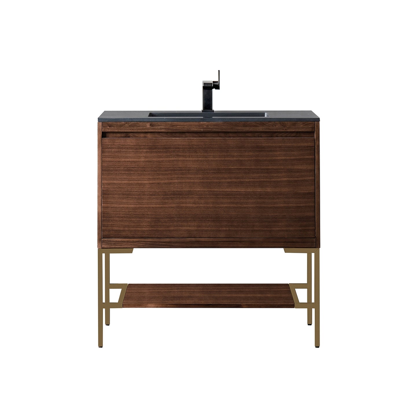 James Martin Vanities Milan 35.4" Mid Century Walnut, Radiant Gold Single Vanity Cabinet With Charcoal Black Composite Top