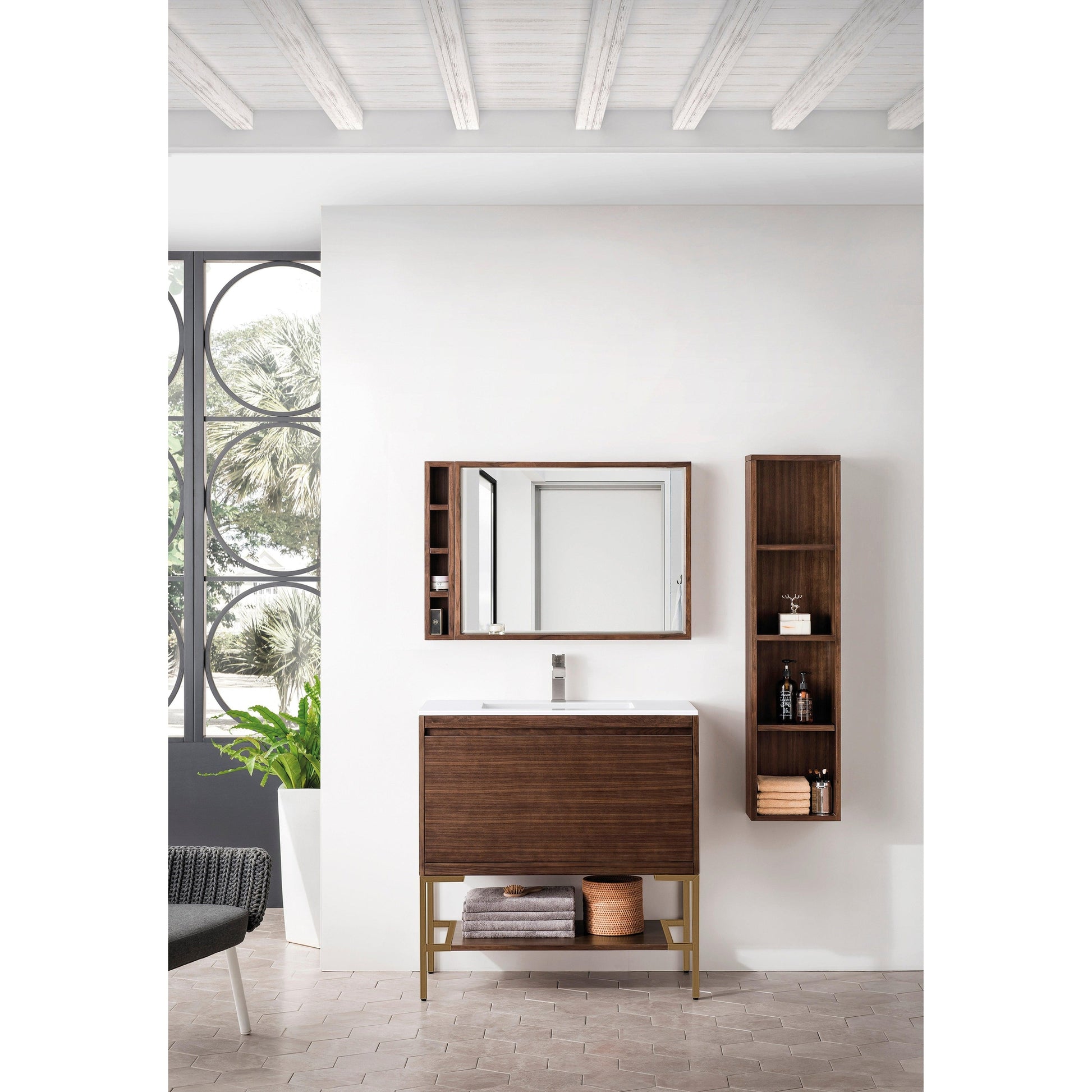 James Martin Vanities Milan 35.4" Mid Century Walnut, Radiant Gold Single Vanity Cabinet With Glossy White Composite Top
