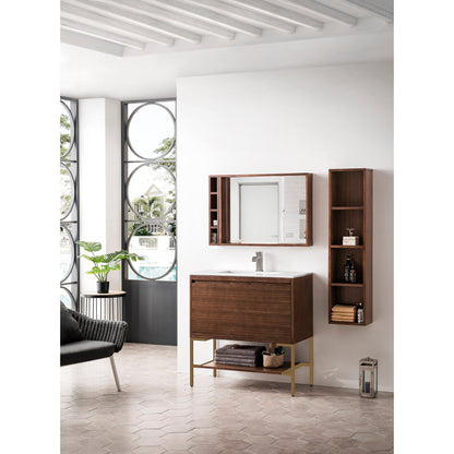 James Martin Vanities Milan 35.4" Mid Century Walnut, Radiant Gold Single Vanity Cabinet With Glossy White Composite Top