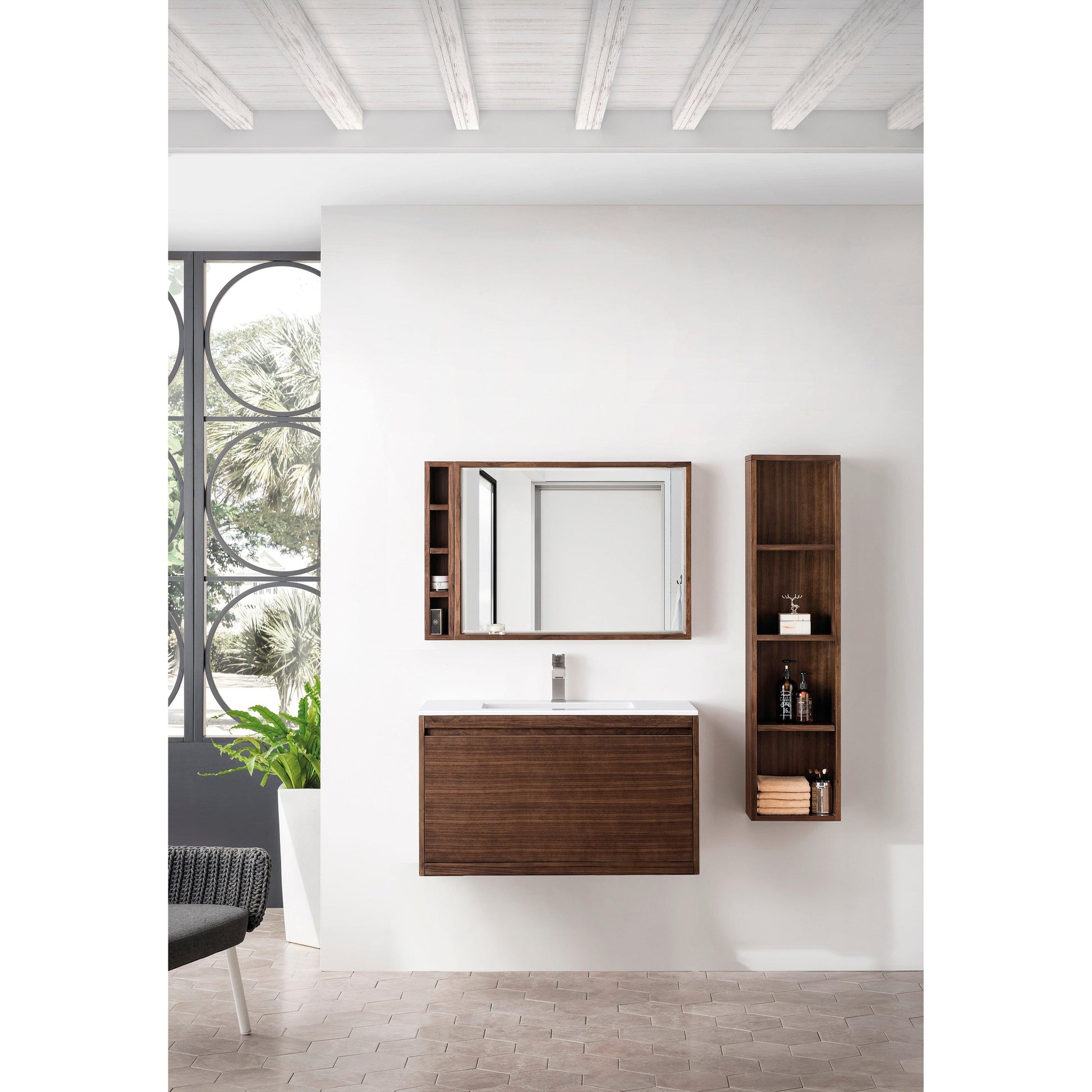 James Martin Vanities Milan 35.4" Mid Century Walnut Single Vanity Cabinet With Glossy White Composite Top