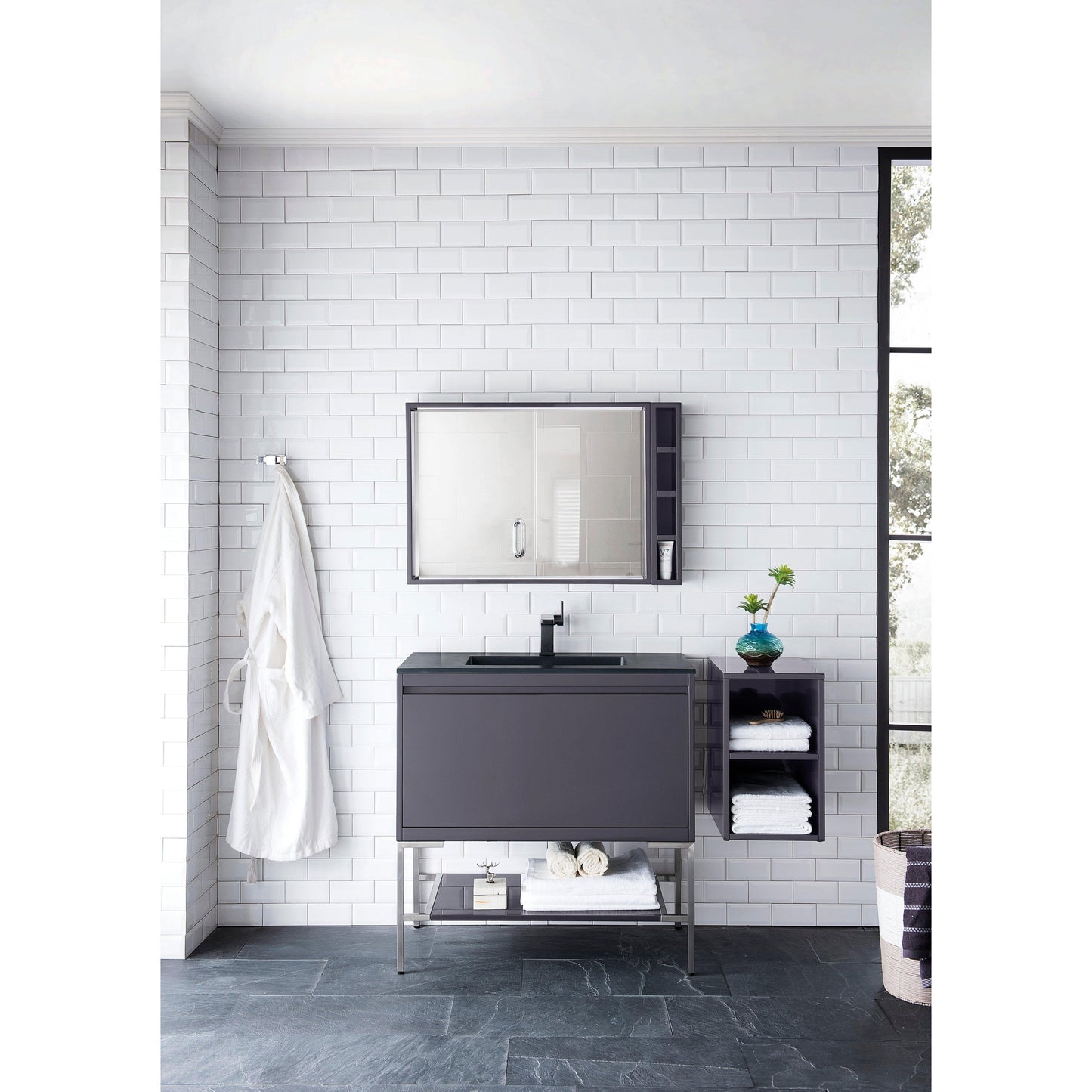 James Martin Vanities Milan 35.4" Modern Grey Glossy, Brushed Nickel Single Vanity Cabinet With Charcoal Black Composite Top