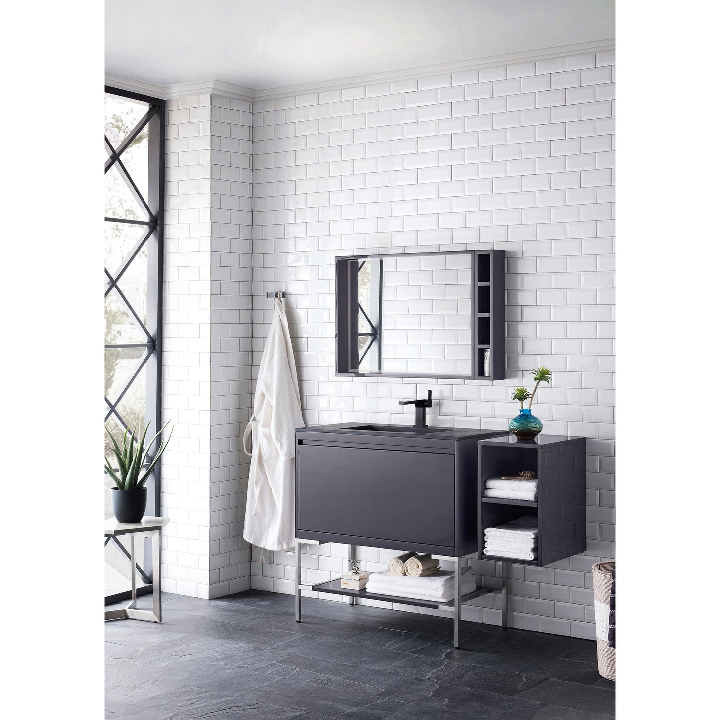 James Martin Vanities Milan 35.4" Modern Grey Glossy, Brushed Nickel Single Vanity Cabinet With Charcoal Black Composite Top