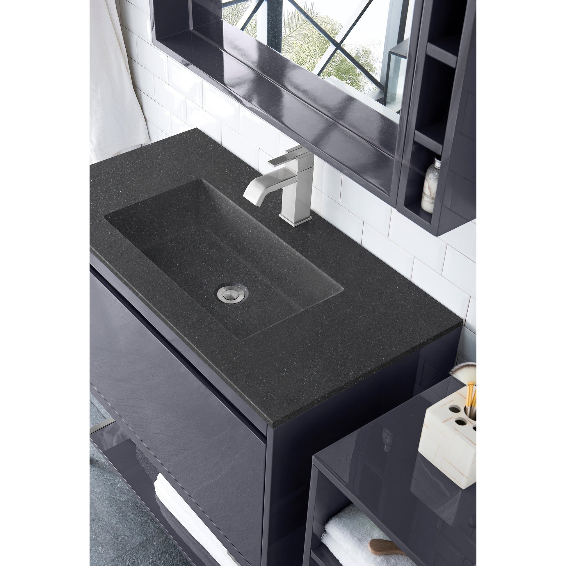 James Martin Vanities Milan 35.4" Modern Grey Glossy, Brushed Nickel Single Vanity Cabinet With Charcoal Black Composite Top