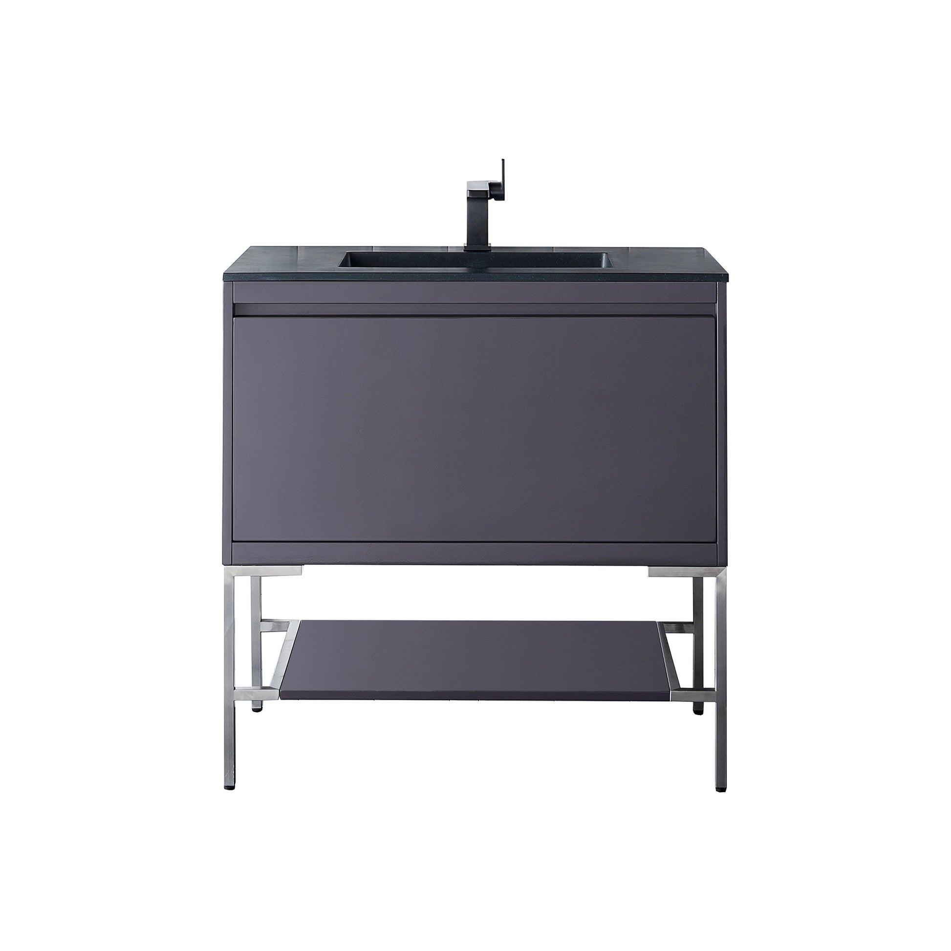 James Martin Vanities Milan 35.4" Modern Grey Glossy, Brushed Nickel Single Vanity Cabinet With Charcoal Black Composite Top