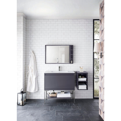James Martin Vanities Milan 35.4" Modern Grey Glossy, Brushed Nickel Single Vanity Cabinet With Glossy White Composite Top