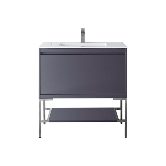 James Martin Vanities Milan 35.4" Modern Grey Glossy, Brushed Nickel Single Vanity Cabinet With Glossy White Composite Top