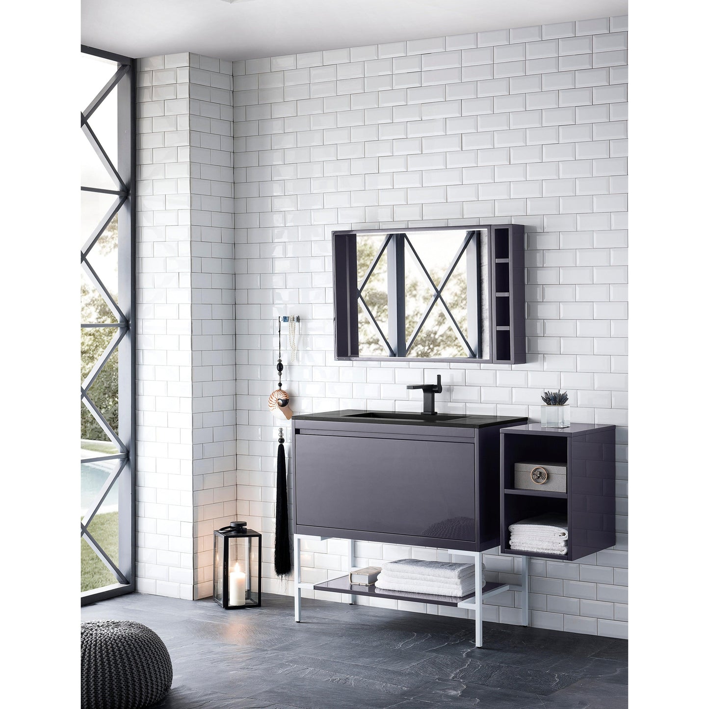 James Martin Vanities Milan 35.4" Modern Grey Glossy, Glossy White Single Vanity Cabinet With Charcoal Black Composite Top