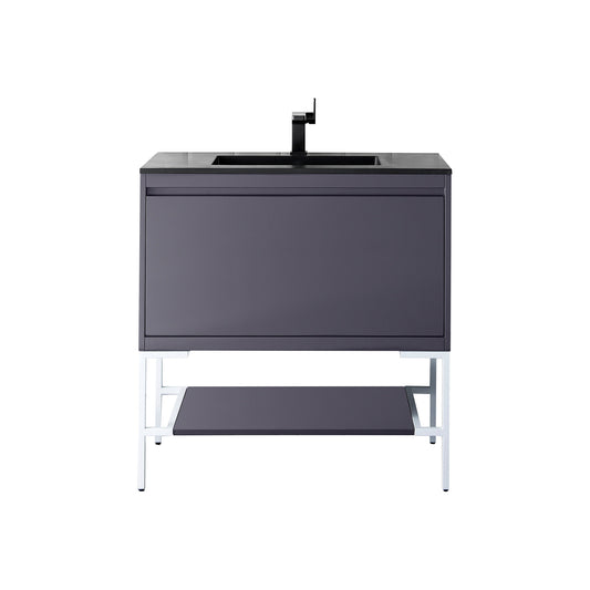 James Martin Vanities Milan 35.4" Modern Grey Glossy, Glossy White Single Vanity Cabinet With Charcoal Black Composite Top