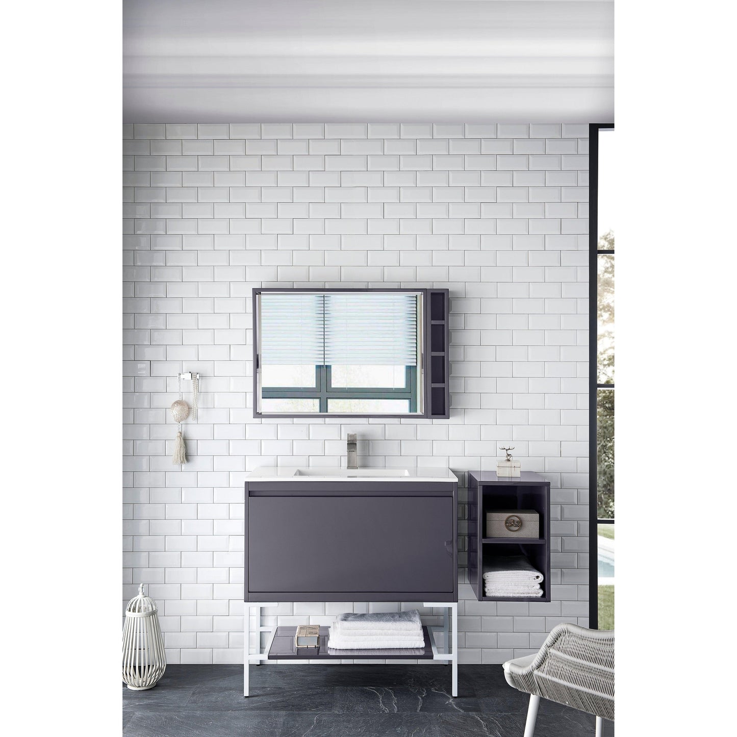 James Martin Vanities Milan 35.4" Modern Grey Glossy, Glossy White Single Vanity Cabinet With Glossy White Composite Top