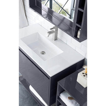 James Martin Vanities Milan 35.4" Modern Grey Glossy, Glossy White Single Vanity Cabinet With Glossy White Composite Top