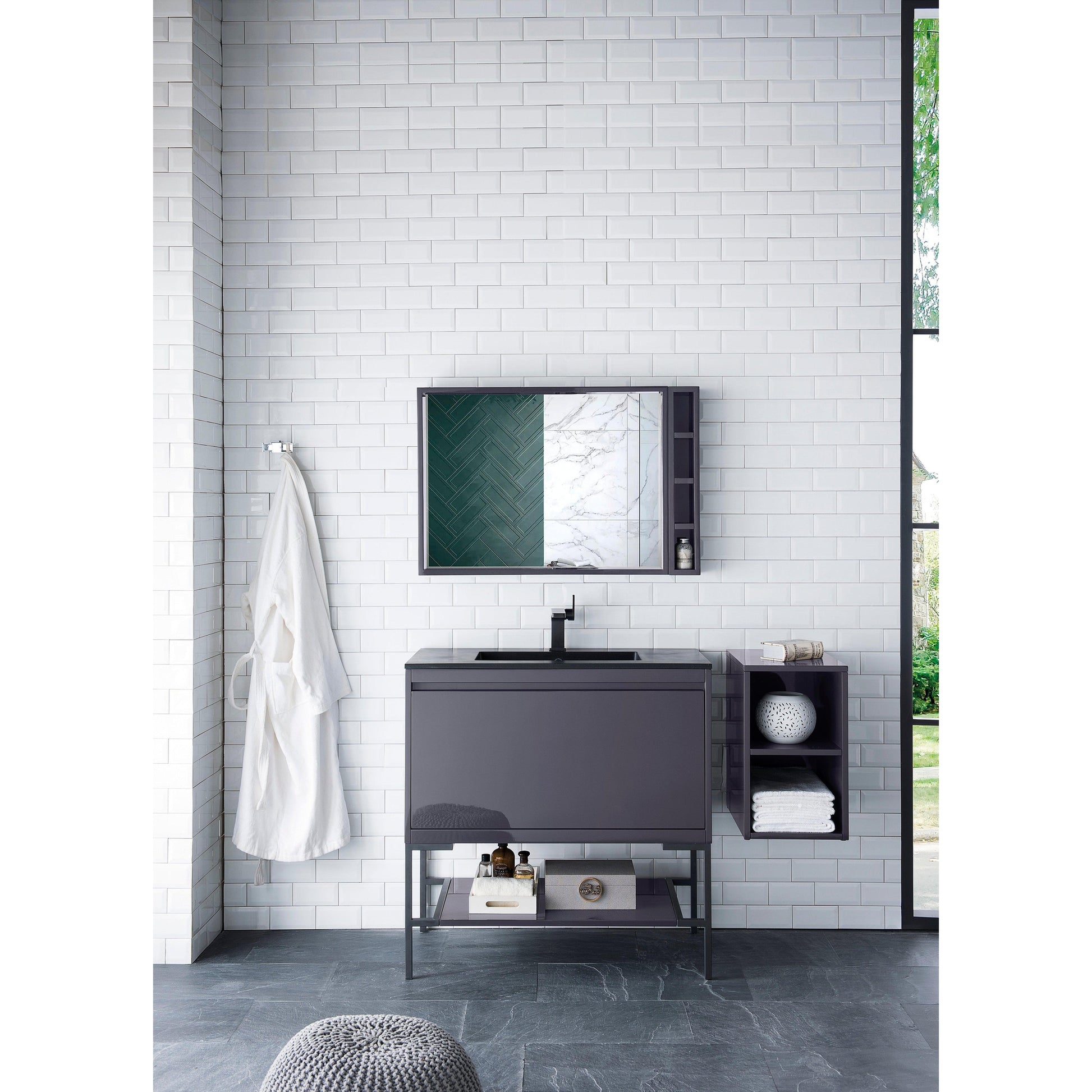 James Martin Vanities Milan 35.4" Modern Grey Glossy, Matte Black Single Vanity Cabinet With Charcoal Black Composite Top
