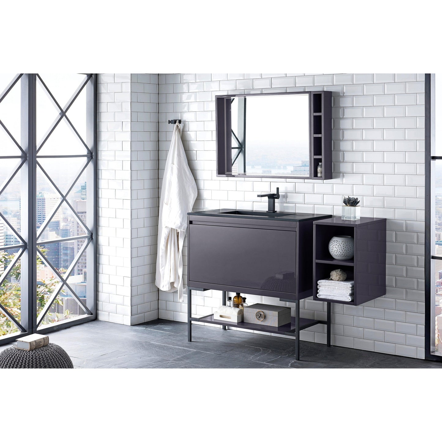 James Martin Vanities Milan 35.4" Modern Grey Glossy, Matte Black Single Vanity Cabinet With Charcoal Black Composite Top