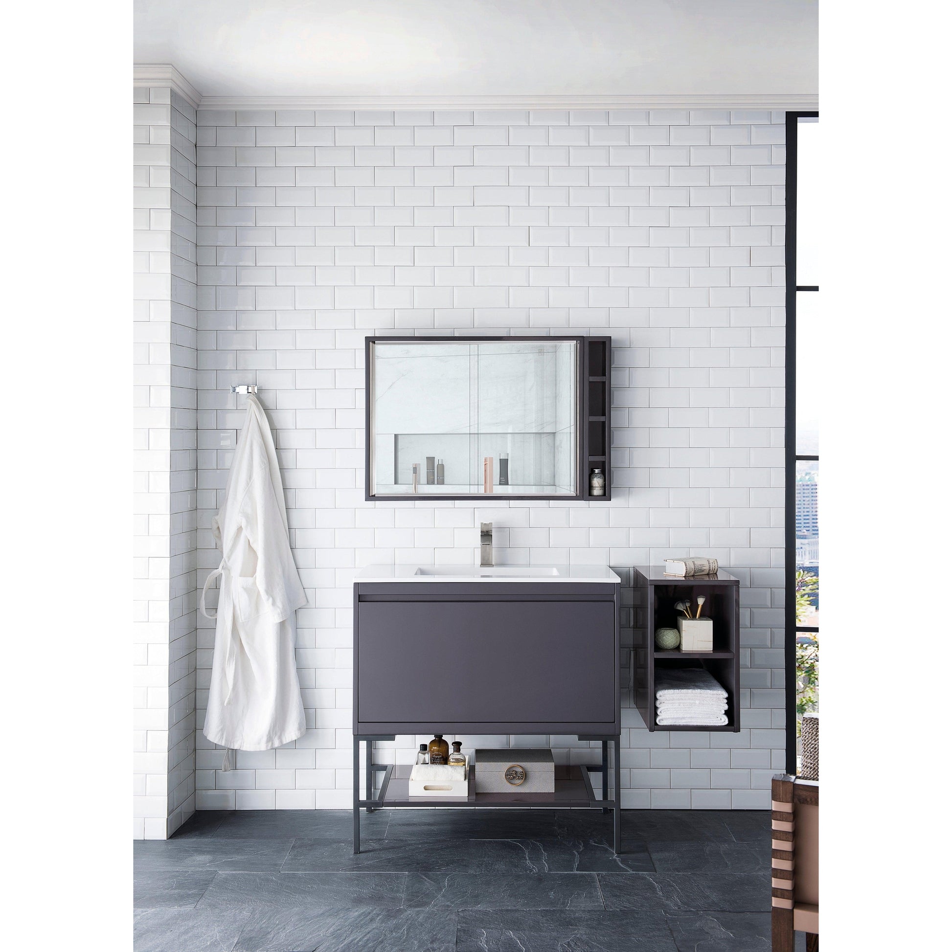 James Martin Vanities Milan 35.4" Modern Grey Glossy, Matte Black Single Vanity Cabinet With Glossy White Composite Top