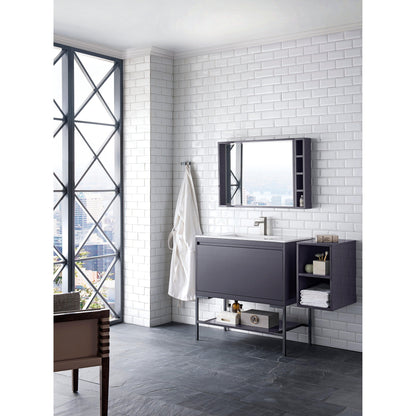 James Martin Vanities Milan 35.4" Modern Grey Glossy, Matte Black Single Vanity Cabinet With Glossy White Composite Top