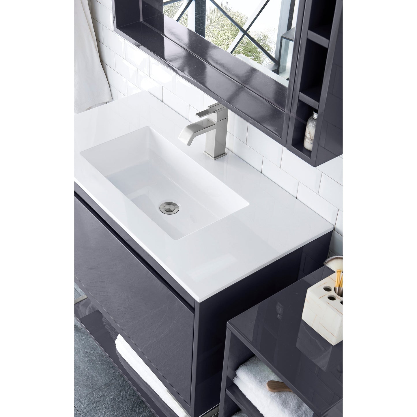 James Martin Vanities Milan 35.4" Modern Grey Glossy, Matte Black Single Vanity Cabinet With Glossy White Composite Top