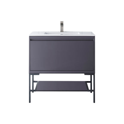 James Martin Vanities Milan 35.4" Modern Grey Glossy, Matte Black Single Vanity Cabinet With Glossy White Composite Top