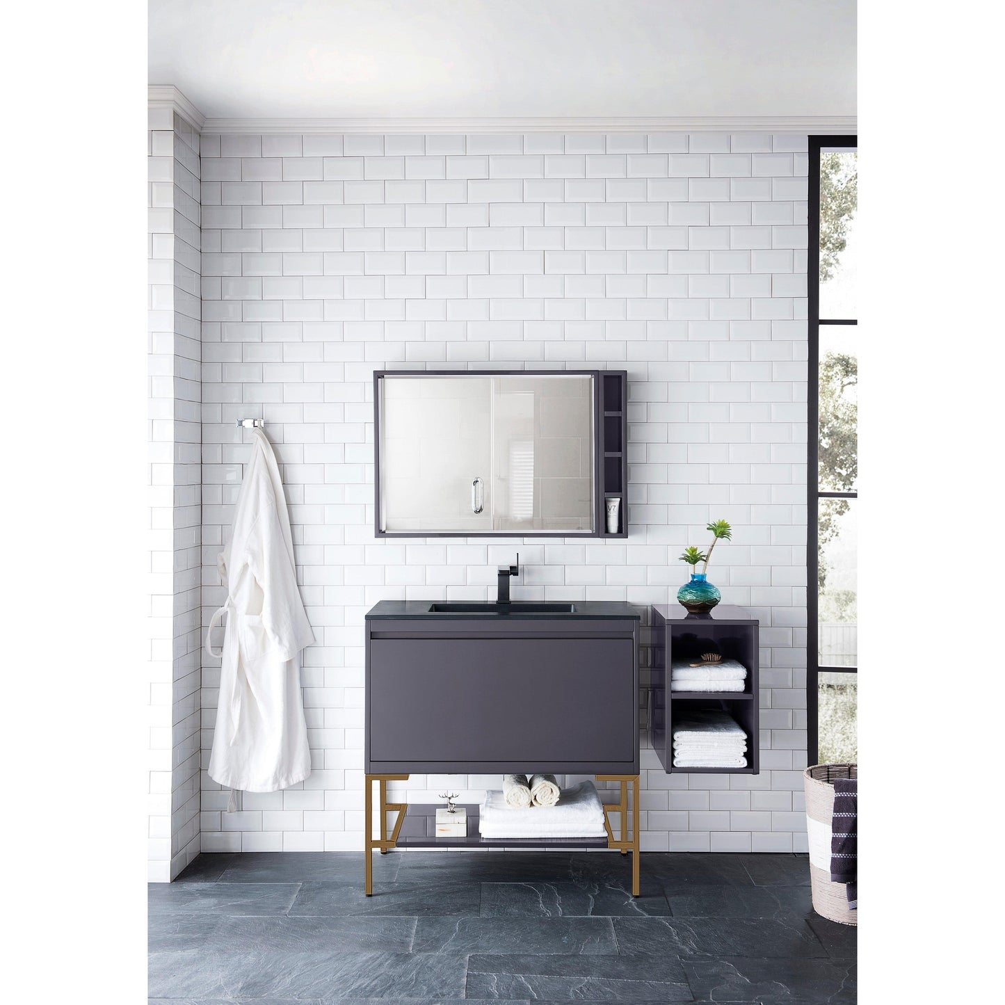 James Martin Vanities Milan 35.4" Modern Grey Glossy, Radiant Gold Single Vanity Cabinet With Charcoal Black Composite Top