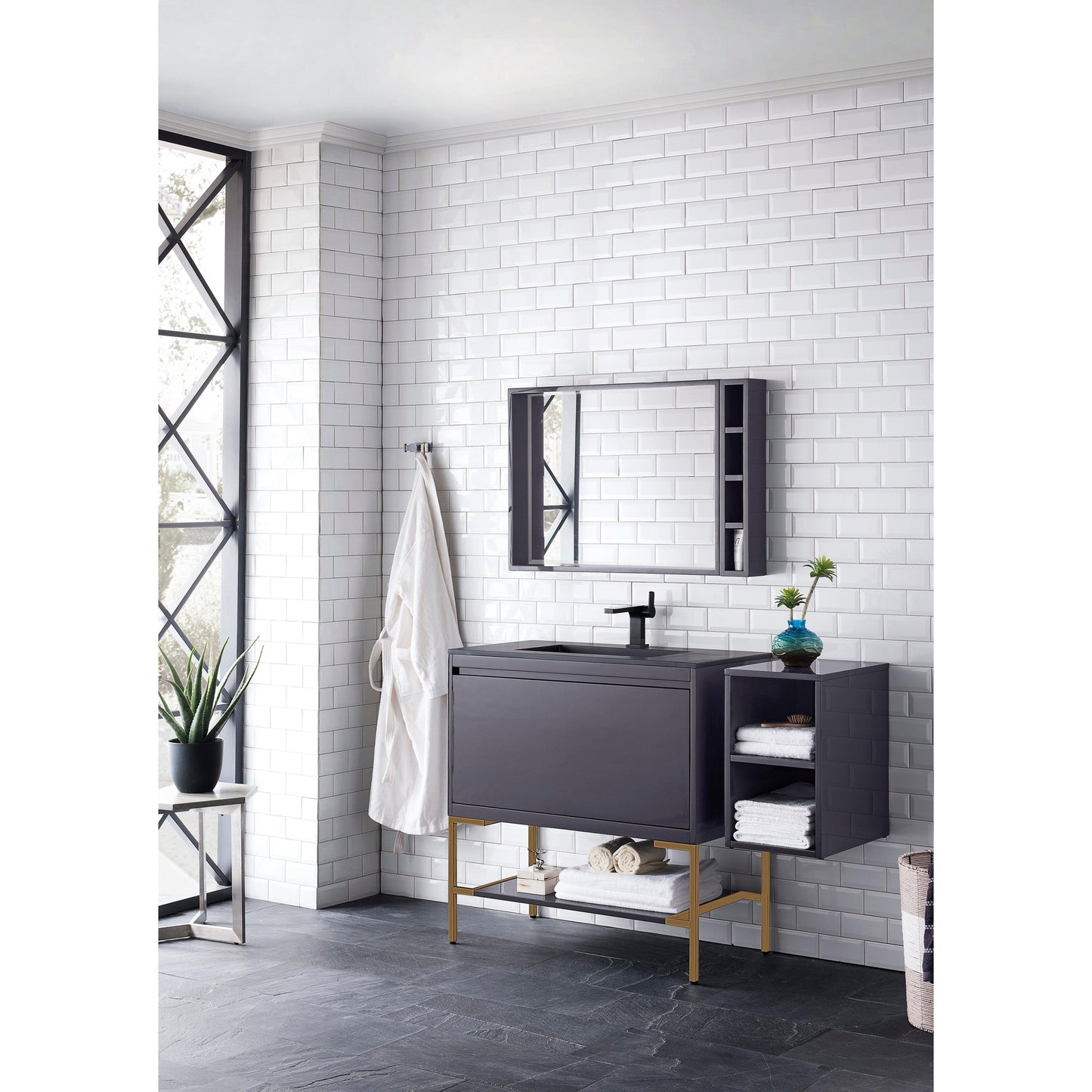 James Martin Vanities Milan 35.4" Modern Grey Glossy, Radiant Gold Single Vanity Cabinet With Charcoal Black Composite Top