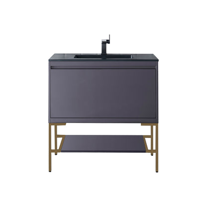 James Martin Vanities Milan 35.4" Modern Grey Glossy, Radiant Gold Single Vanity Cabinet With Charcoal Black Composite Top