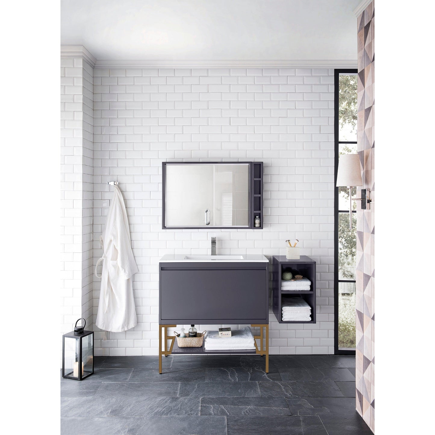 James Martin Vanities Milan 35.4" Modern Grey Glossy, Radiant Gold Single Vanity Cabinet With Glossy White Composite Top