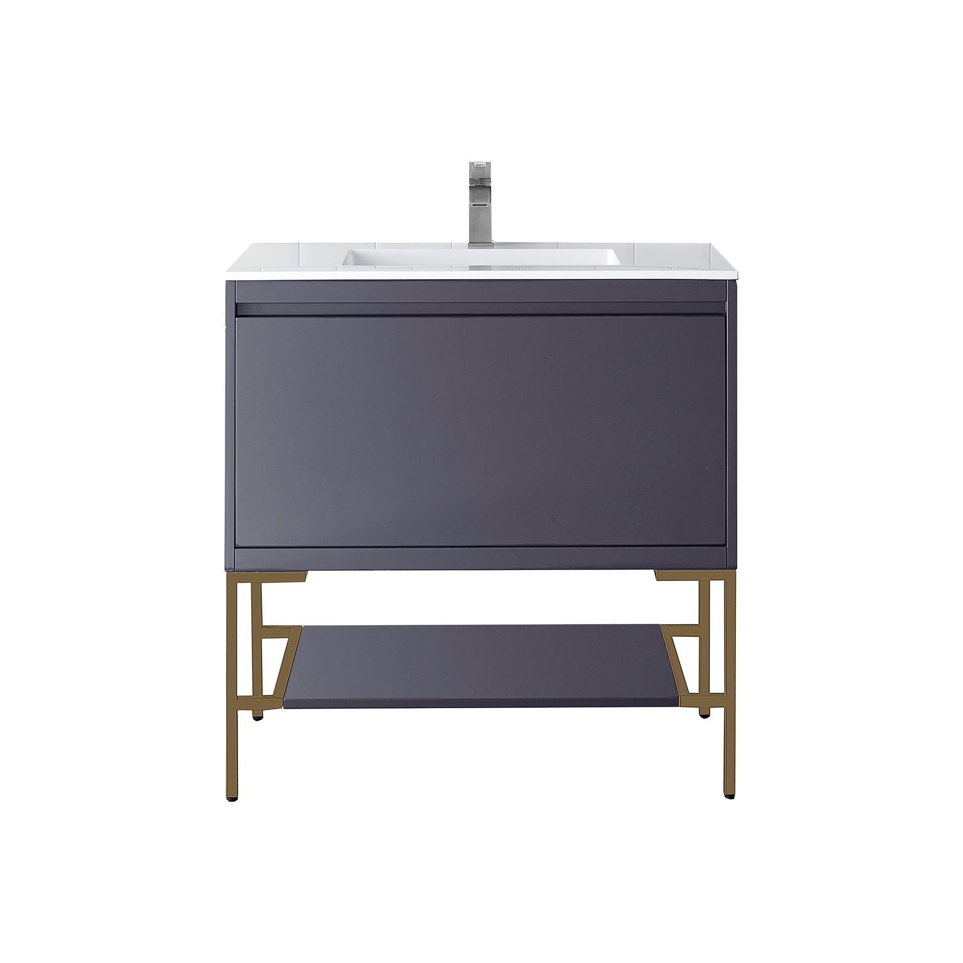 James Martin Vanities Milan 35.4" Modern Grey Glossy, Radiant Gold Single Vanity Cabinet With Glossy White Composite Top