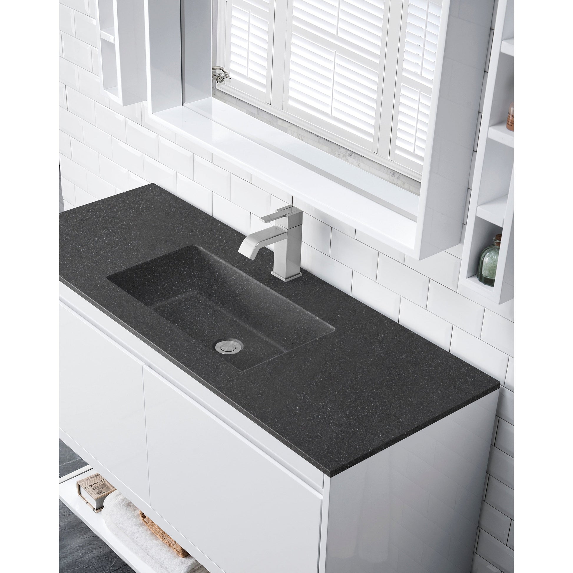 James Martin Vanities Milan 47.3" Glossy White, Brushed Nickel Single Vanity Cabinet With Charcoal Black Composite Top