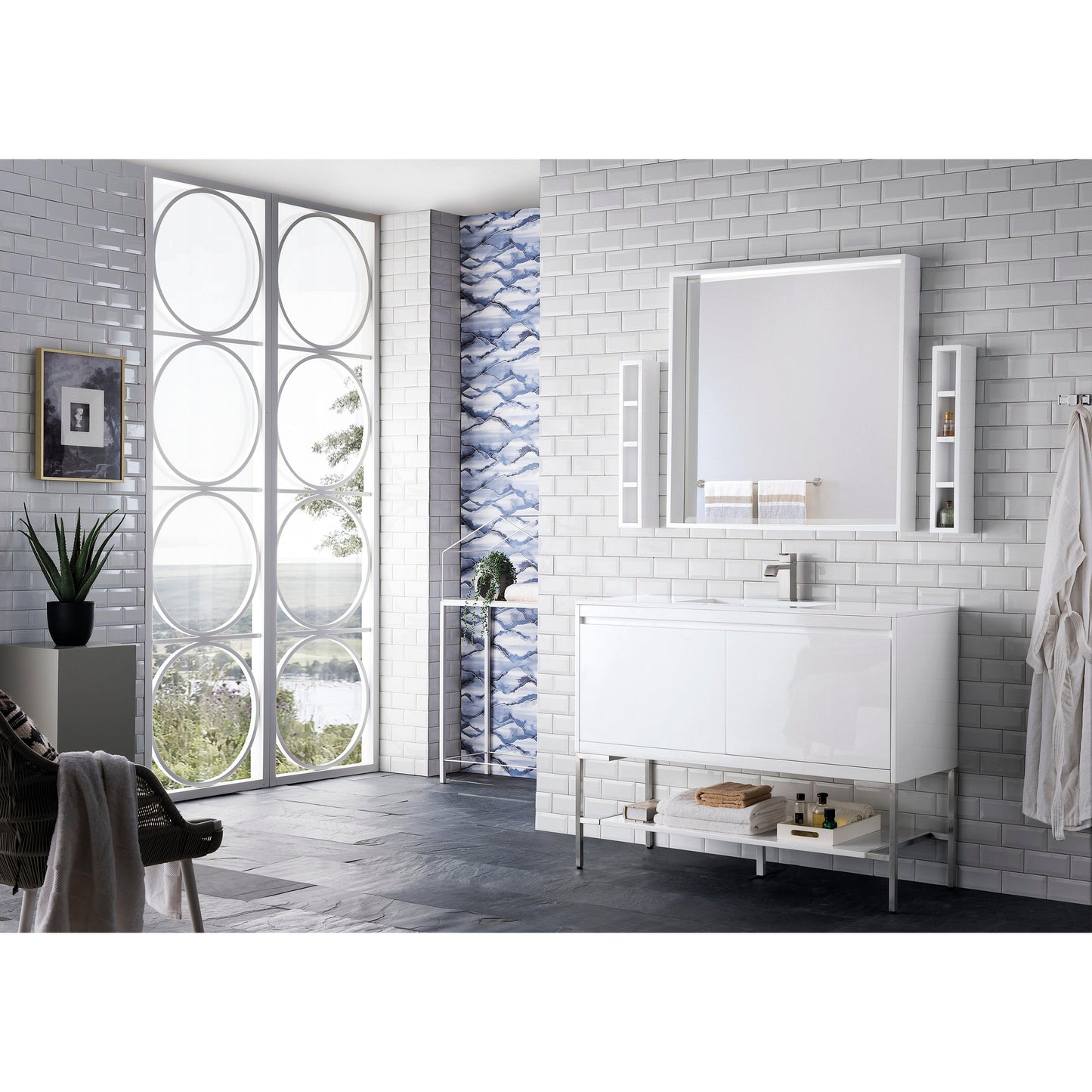 James Martin Vanities Milan 47.3" Glossy White, Brushed Nickel Single Vanity Cabinet With Glossy White Composite Top